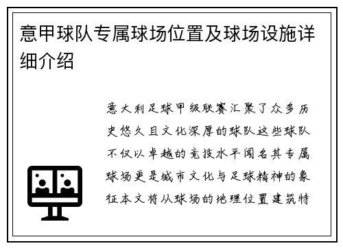 意甲球队专属球场位置及球场设施详细介绍